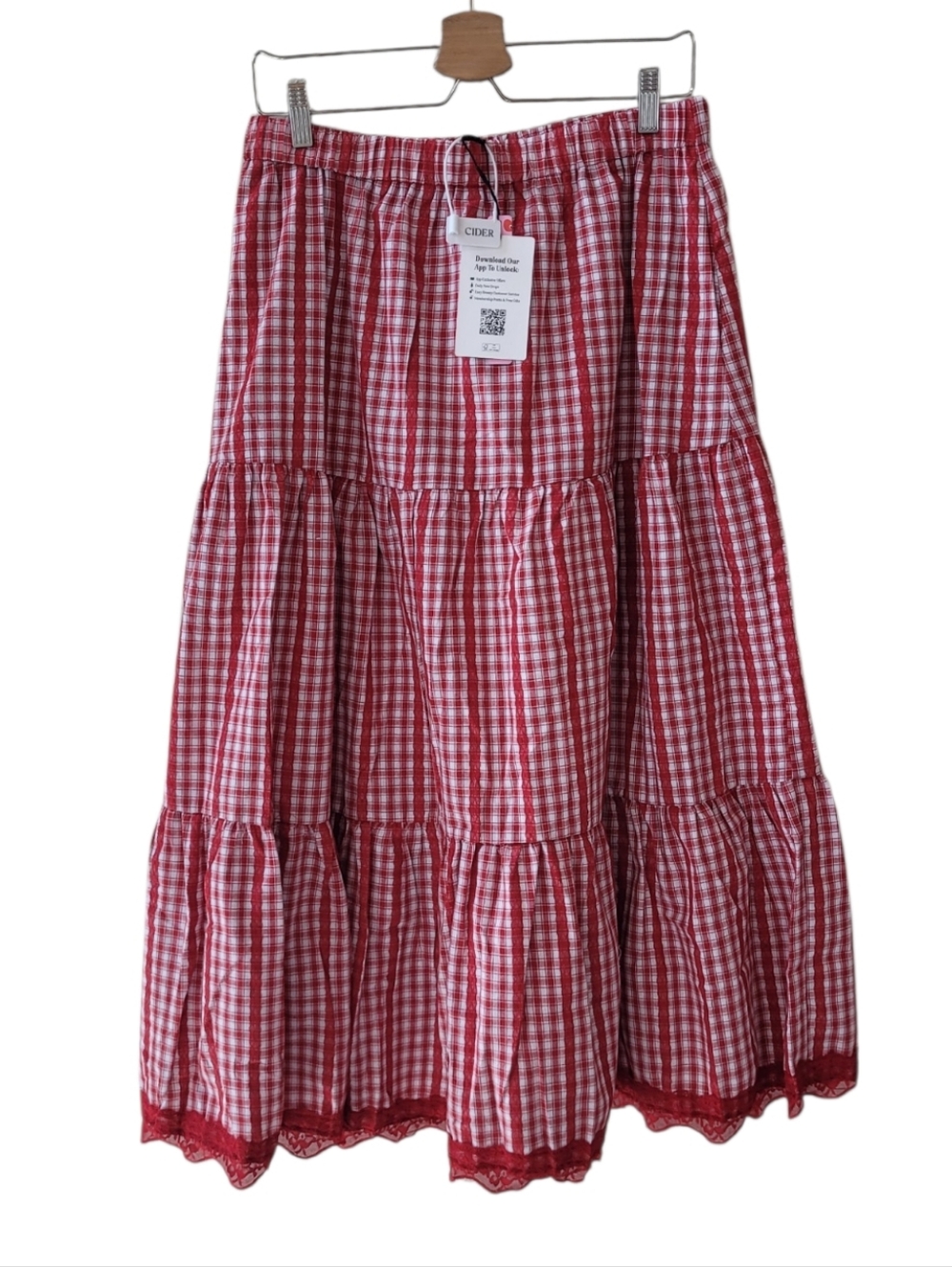 Cider Red White Gingham Tiered Midi Skirt Size XL